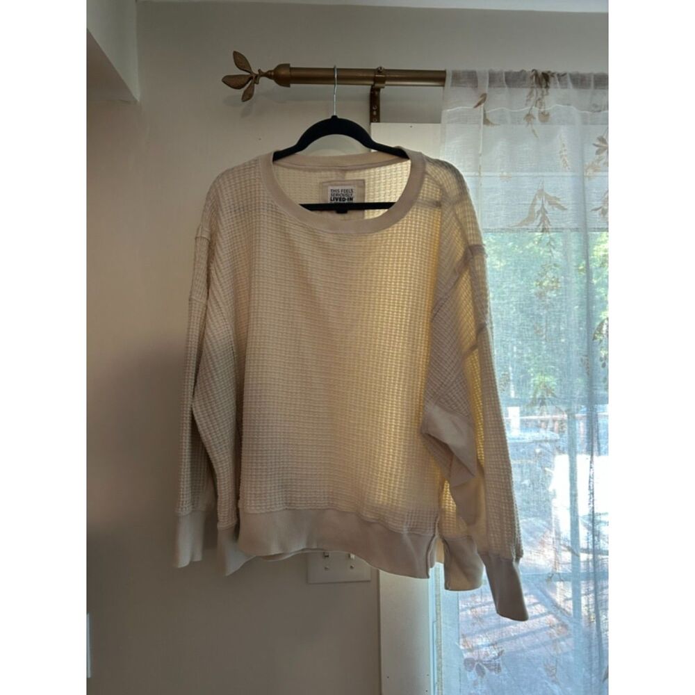 American Eagle Women’s L Cream Waffle Knit Lived-In Oversized Sweatshirt